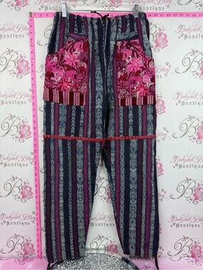 Pants patchwork Boho Embroidered Patchwork Striped Harem Pants - Pink & Navy